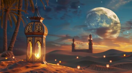 Spectacular sahara lantern and moon arrangement for ramadan or eid mubarak greeting cards - obrazy, fototapety, plakaty