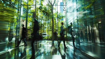Blurred people walking in glass office with green environment and trees background.