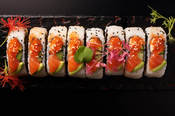 Japanese rolls with salmon, tuna and avocado. Generative AI.