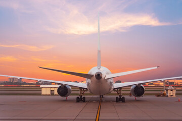 Passenger plane parked in the air harbor during dawn sky, rear view
