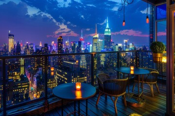 A luxurious evening at a rooftop bar Skyline view with twinkling city lights