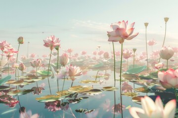 Panoramic view of a field of blooming lotus flowers in a tranquil pond.