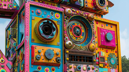 In image the vibrant colors of a robotic structure come into focus showcasing the playful and whimsical side of these machines. Each panel is decorated with intricate