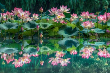 Fototapeta premium Panoramic view of a field of blooming lotus flowers in a tranquil pond.