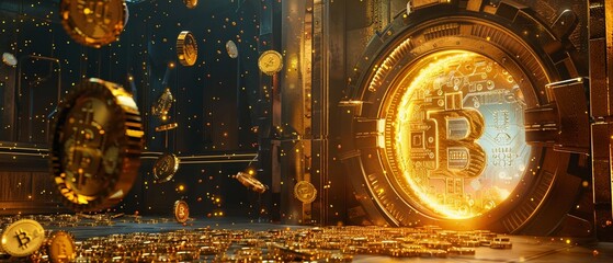 3D backdrop of a vault door opening to a digital realm filled with gold and cryptocurrency symbols