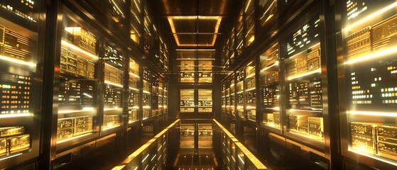 3D backdrop of a vault filled with gold bars and digital screens showing real-time market data