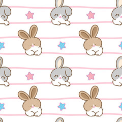 Seamless Pattern with Cute Cartoon Rabbit Character, Star and Line Design on White Background