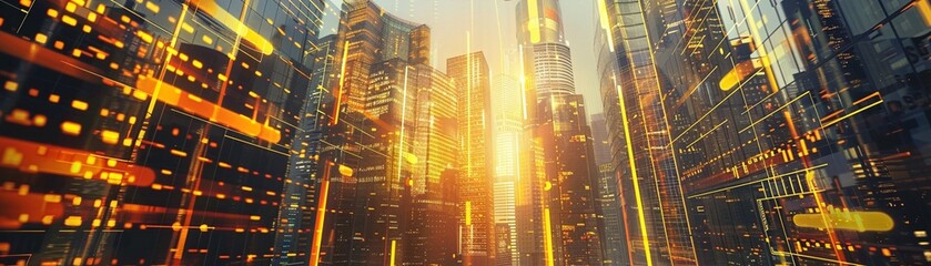 Futuristic cityscape with gold investments powering technology advancements