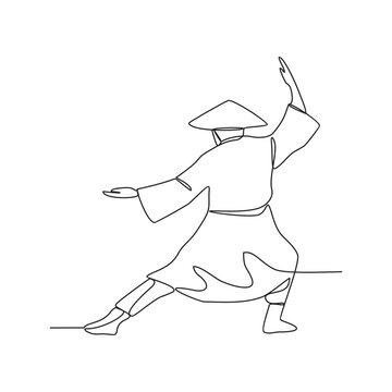 One continuous line drawing of the Chinese fighter is fighting using his kung fu moves vector illustration. Chinese kung fu fighter activity illustration in simple linear style vector design concept.