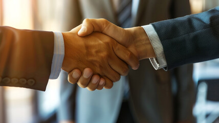 Two men shake hands in a business meeting. Scene is professional and formal. The handshake symbolizes agreement and trust between the two men. Businessman in success teamwork, cooperation partnership.