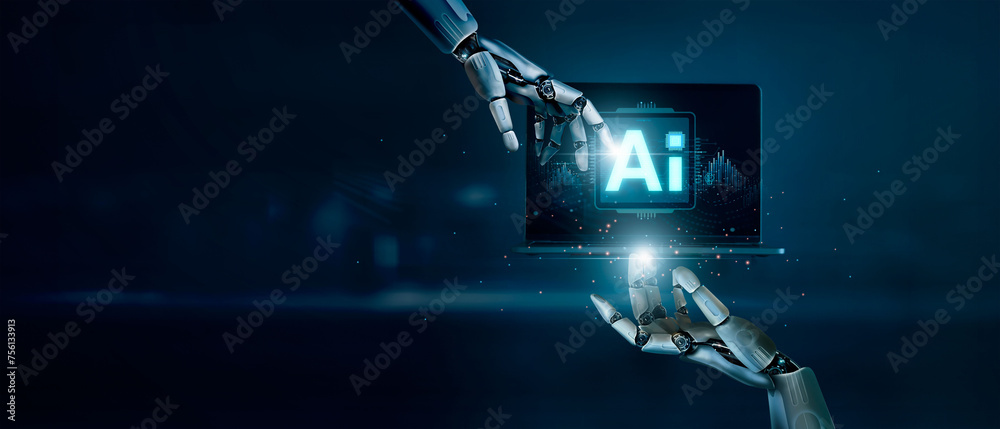 Aufkleber AI, Machine learning, Advances in AI technology that will change human society in the future, including lifestyle and business. Robot hands touch big data on global network. Artificial intelligence.