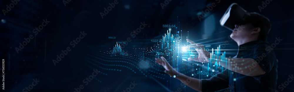 Aufkleber .Virtual reality, VR, Business analysis of graph growth on data virtual reality global network, Ai software. Planning and strategy for Digital transformation of future, Metaverse technology.