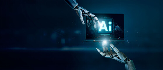 AI, Machine learning, Advances in AI technology that will change human society in the future, including lifestyle and business. Robot hands touch big data on global network. Artificial intelligence. - obrazy, fototapety, plakaty