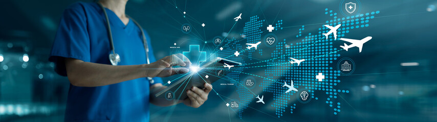 Medical Hub and Medical tourism concept, Health and international medical travel insurance. A...