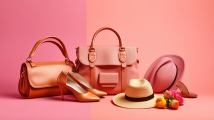 Women's pink bag, hat and shoes on a pink background.
