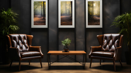 Fototapeta na wymiar Living room - brick wall - leather furniture - stylish artwork - meticulous symmetry - perfectly entered composition 