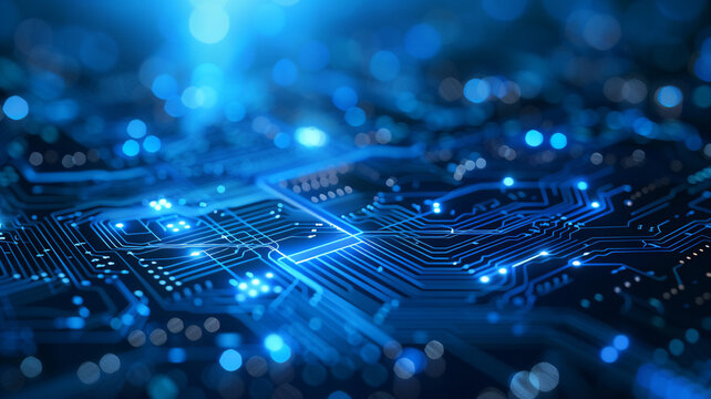 Abstract technology background in futuristic digital electronic circuit board. Concept of computer communication connection design tech, chip hardware business industry, integrated innovation network.