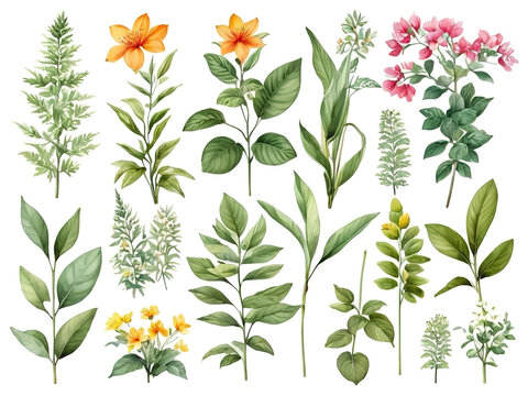 Set of hand drawn watercolor herbs and flowers. Vector illustration.