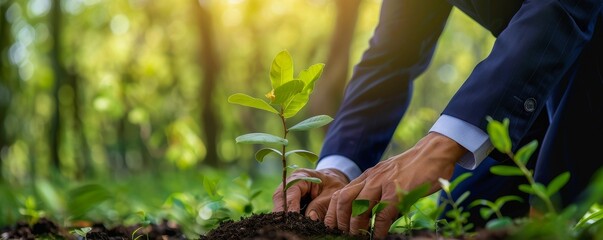 Man in a business suit planting a tree blending business and environmental care on a blurred green nature background