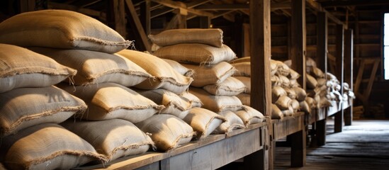 Several bags of staple food and ingredients are piled on top of each other in a warehouse filled with lumber for cooking and cuisine