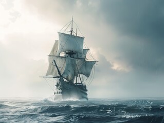 Obraz premium Old-world vessel braves the open sea an emblem of nautical adventure