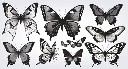 Butterflies set. Collection of black butterflies butterfly. Vector illustration.