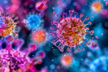 Obraz na płótnie Canvas Artistic image of lively virus particles under a microscope.