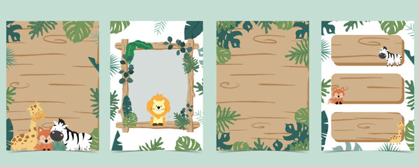 safari banner with giraffe,elephant,zebra,fox and leaf frame.vector illustration for a4 design © piixypeach