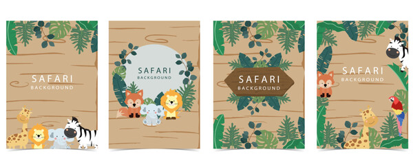 safari banner with giraffe,elephant,zebra,fox and leaf frame.vector illustration for a4 design © piixypeach