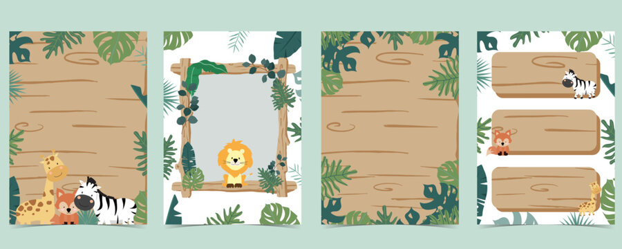 safari banner with giraffe,elephant,zebra,fox and leaf frame.vector illustration for a4 design
