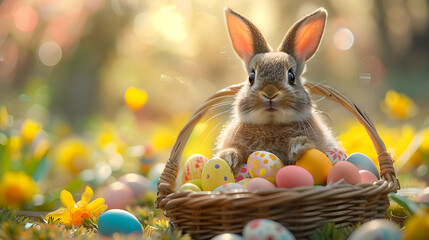 A cute rabbit hiding in the grass with a easter decorated eggs on a blooming spring meadow. AI generative.