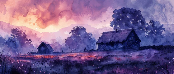 Deurstickers A watercolor Stone Age settlement at dusk © INsprThDesign