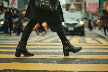 Close-up of a fashion-forward pedestrian crossing the street.