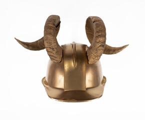 golden horned construction helmet isolated on white background - 756135337