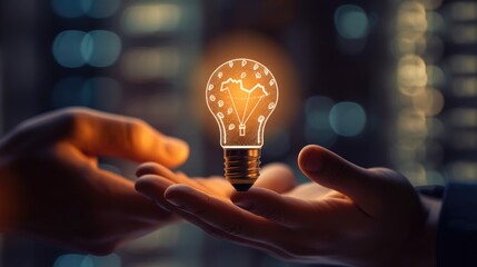 Hand holding glowing light bulb on blurred office background. Innovation and innovation concept.