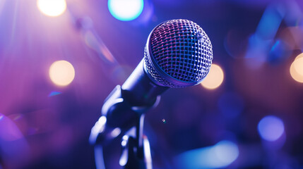 microphone on stage with lights bokeh, public speaking or leadership concept 