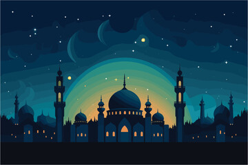 Fototapeta premium Mosque in night, Tall towers with decorative boarders with a colored background, Silhouette of a mosques