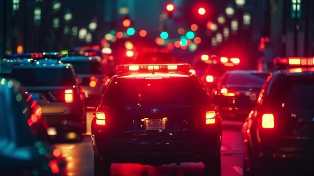 The flashing lights of police cars and ambulances as they navigate through the congested traffic.