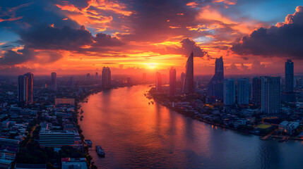 Naklejka premium Aerial view of Chao Phraya River at sunset, Bangkok, Thailand