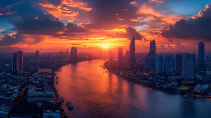Foto op Canvas Aerial view of Chao Phraya River at sunset, Bangkok, Thailand © Nutchanok