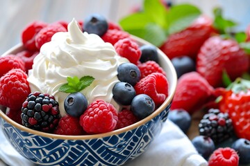 fresh berries and whipped cream dessert bowl