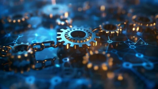 A set of gears and cogs turning in unison representing the concept of consensus in blockchain technology where a decentralized network of participants must agree on the validity