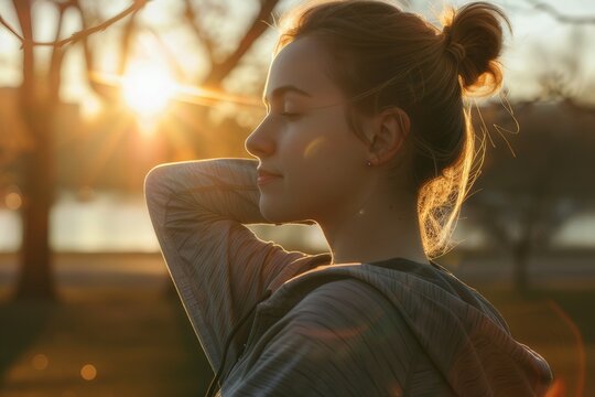 Close-up of female jogger in park at sunrise