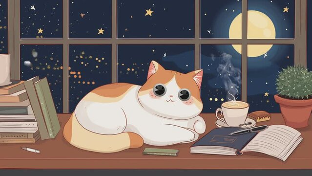 view of a cat on a table with a background of fullmoon and stars on the window, seamless looping 4k time-lapse, animation video 