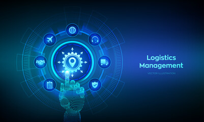 Logistics management concept. Smart logistics and transportation. Logistic global network distribution. Business of transport industrial. Wireframe hand touching digital interface. Vector illustration