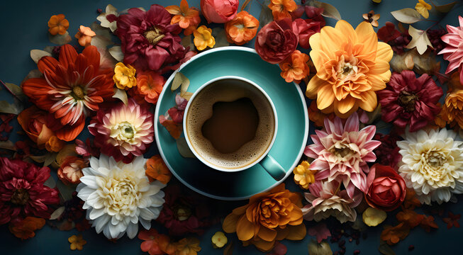 A vibrant and soothing image featuring a cup of coffee surrounded by a beautiful array of multicolored flowers creating a contrast on a dark background
