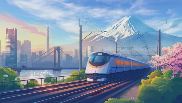 a train journey in japan with view of mountain and lake, seamless looping, 4k time-lapse animation video