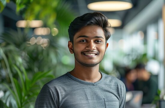 portrait of a handsome young Indian man casually standing and smiling at the camera