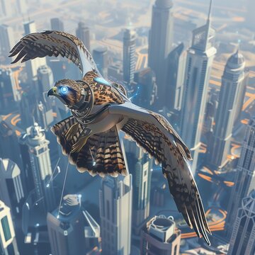 Biomechanical hawk with GPS tracking soaring above a smart city