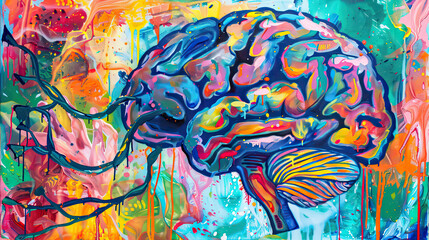 Abstract expressionist painting of a brain, awash with a vivid emotional color spectrum and symbolic motifs of support.